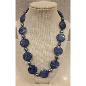 Chunky Sodalite, Pearl, Sterling Silver Donna Dressler Necklace 19.5-22.5"